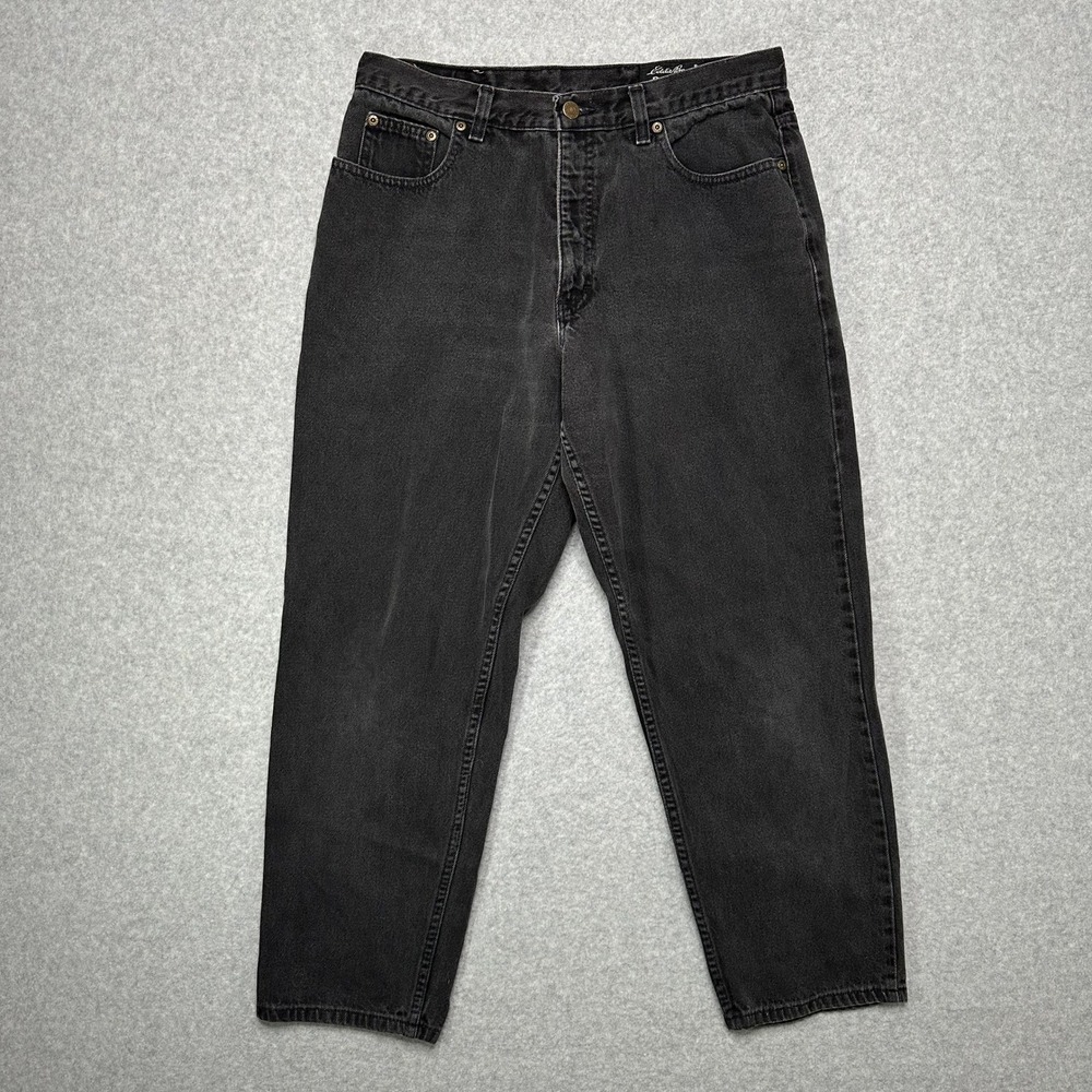 Eddie Bauer Womens 14 Petite Low Rise Jeans Black Faded Straight Leg Made in USA